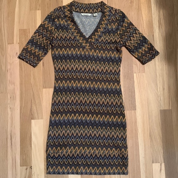 DEREK heart Bodycon Striped V-Neck Mini Dress Brown/Orange/Blue/Yellow Women’s M - Picture 1 of 12